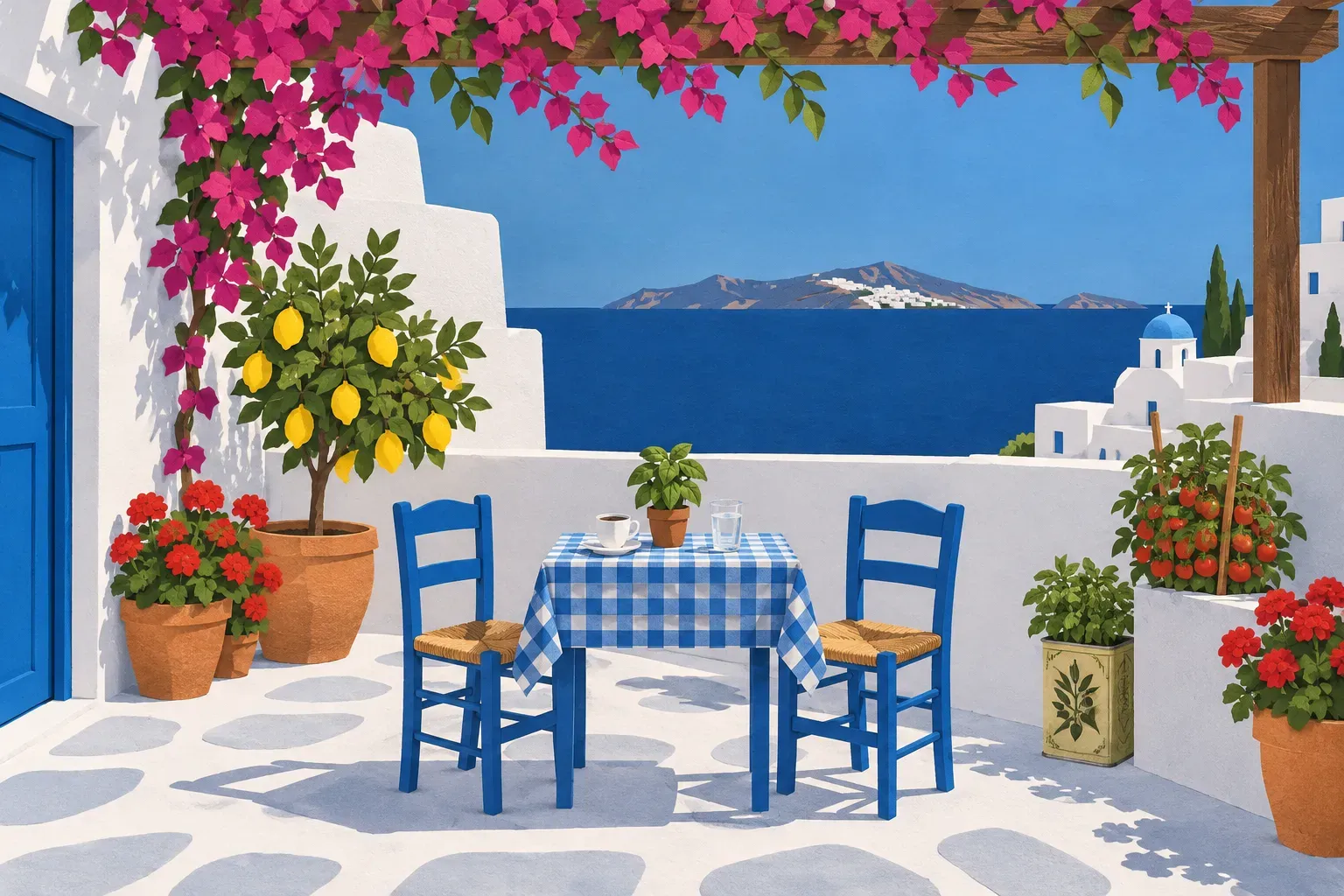 Ταράτσα με μπλε καρέκλες, τραπεζάκι με καρό τραπεζομάντηλο, λεμονιά, γλάστρες και βουκαμβίλια με θέα το Αιγαίο